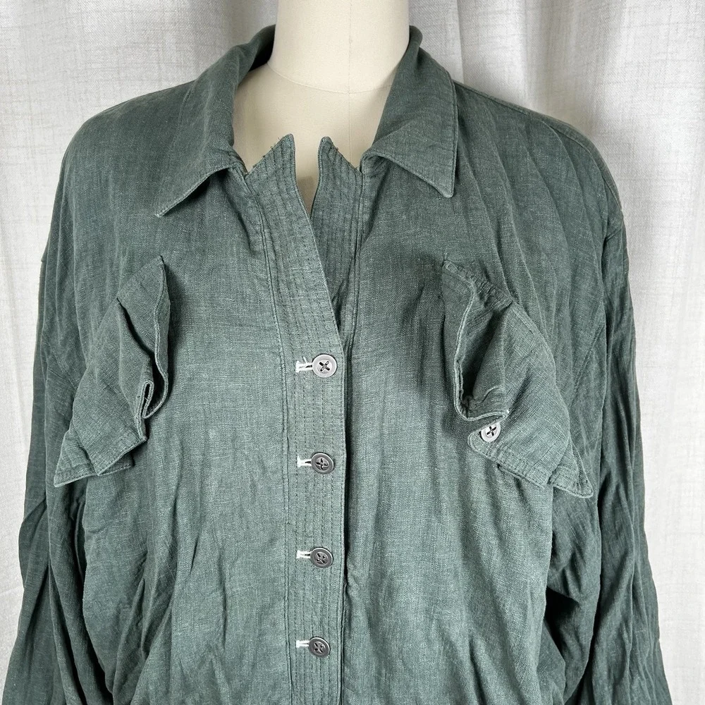 Free People Medium Billy Saddle Linen Blend Button Up‎ Green Crop Jacket Pockets